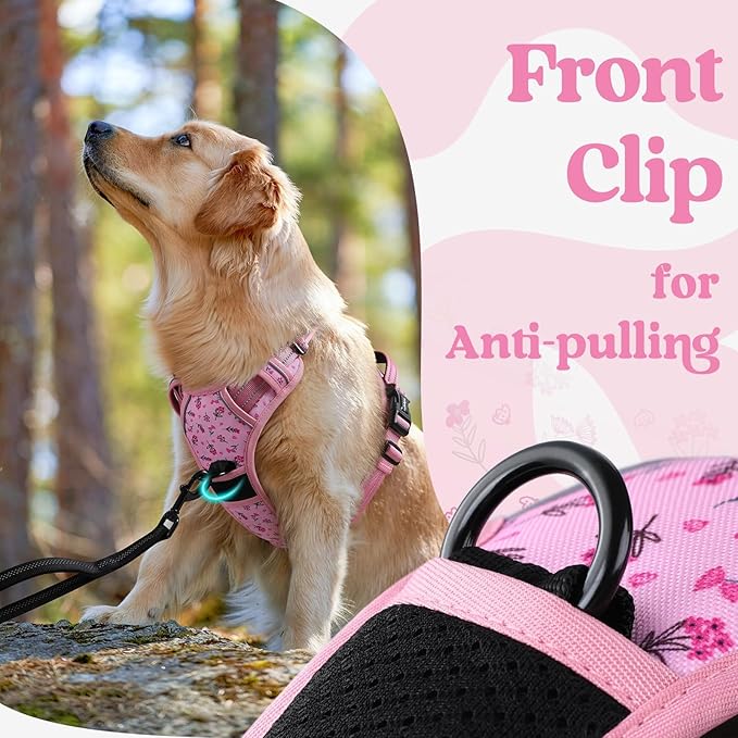 rabbitgoo Dog Harness for Large, No Pull Pet Harness with 3 Buckles, Adjustable Soft Padded Vest with Control Handle, Walking Reflective Pet Vest for Extra Large Dogs, Floral Pink, XL