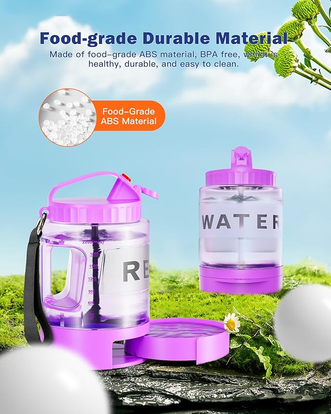 77oz Large Dog Water Bottle - Portable Travel Dog Water Dispenser & Bowl - Leak-Proof Pet Water Jug for Hiking, Camping, Walking & Car Trips, Purple