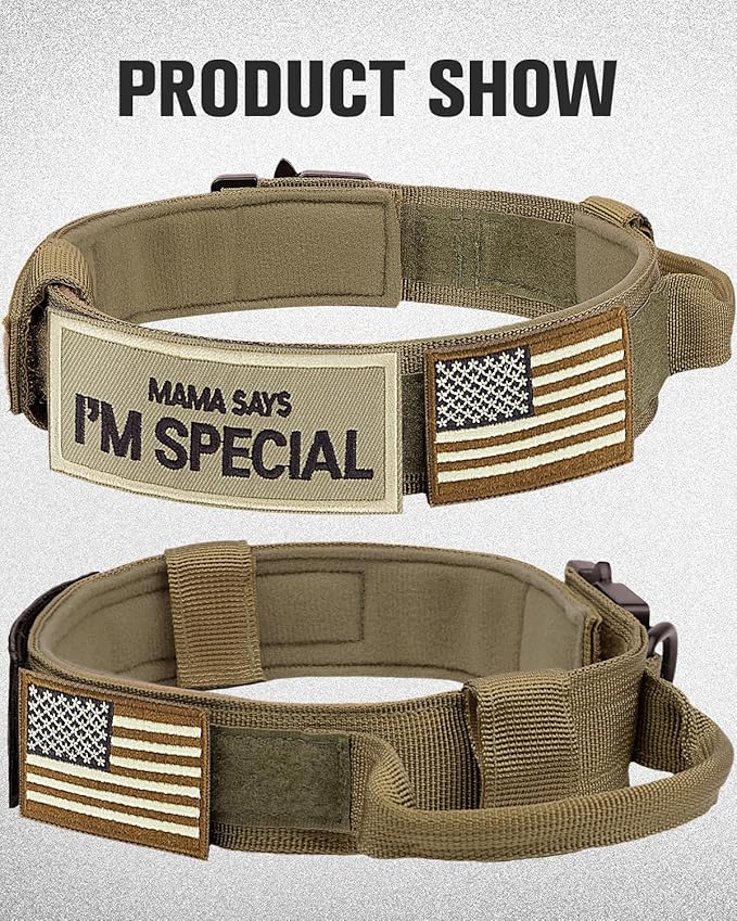 Joytale Tactical Dog Collar with Handle, Adjustable Heavy Duty Military Collar with 2 Patches for Training, Suitable for Large Dogs, Khaki, L