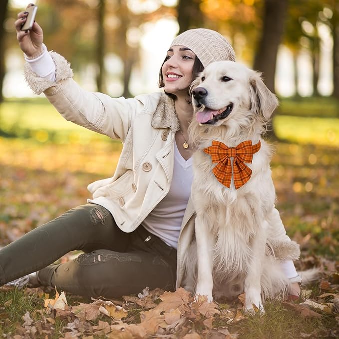 Maca Bates Fall Pumpkin Plaid Dog Collar with Sailor Bow Tie for Small Girl,Boy,Autumn Checkered Puppy Collars with Bowtie,Halloween Gingham Print Adjustable Breakaway Soft for Male Female Dogs