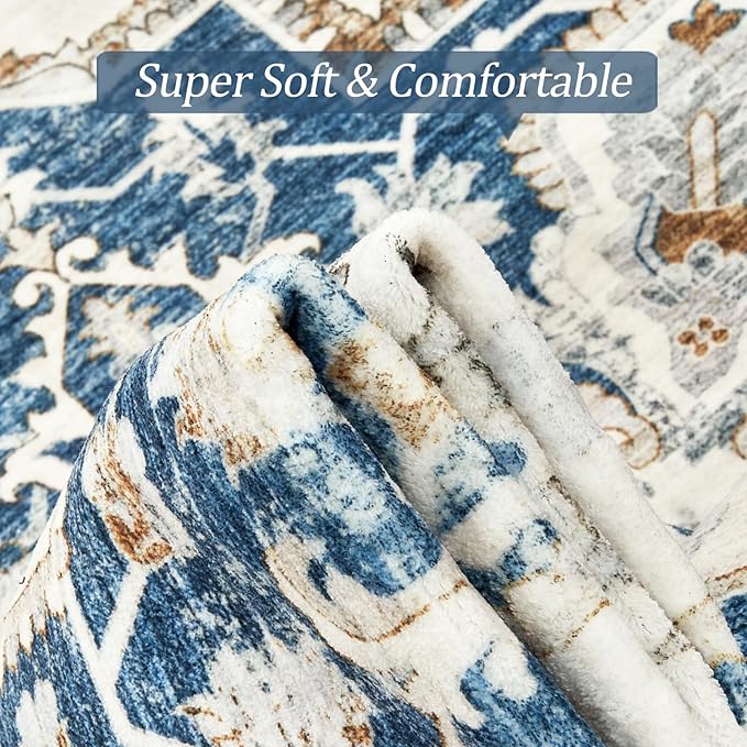 6x9 Area Rug for Living Rooms, Stain Resistant Neutral Washable Rugs for Dining Rooms, Floral Vintage Non-Slip Thin Large Size Area Rugs(Blue)