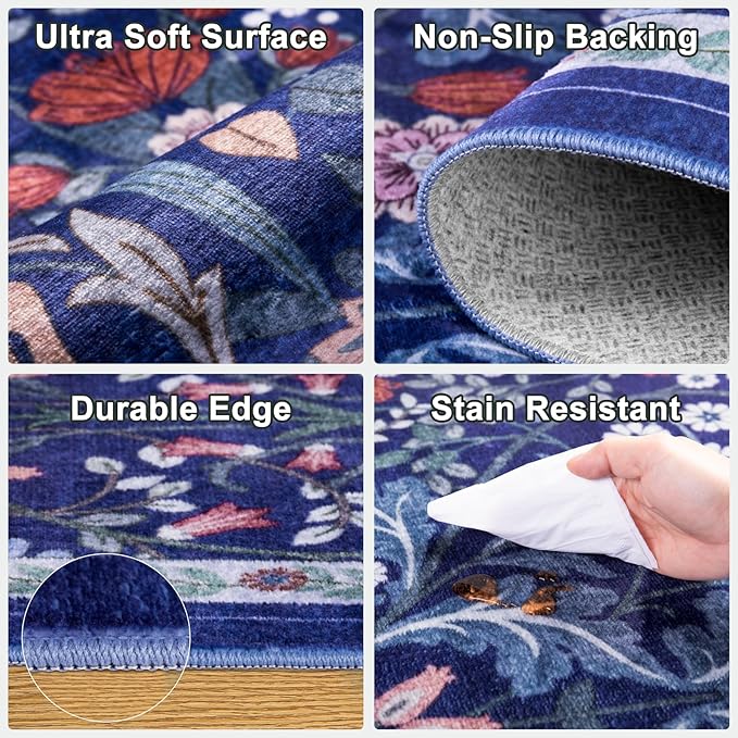 6x9 Area Rugs for Living Room: Floral Washable Rug Vintage Large Soft Boho Non-Slip Carpet Indoor Floor Stain Resistant Thin Carpets for Bedroom Dining Room Farmhouse Nursery Hallway Home Office Blue