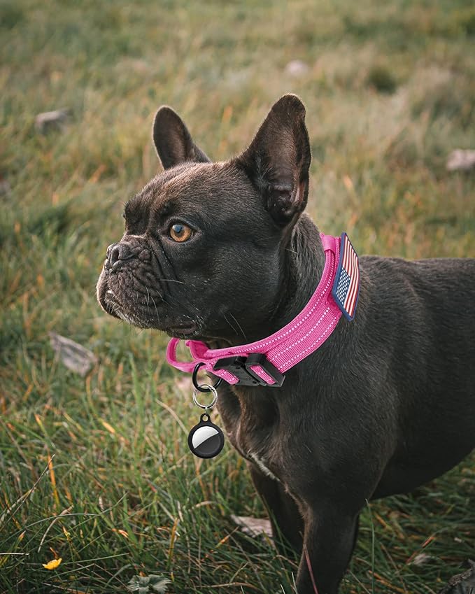 AUBELL Reflective Tactical Dog Collar,Adjustable Military Heavy Duty K9 Collars with Handle and Quick Release Metal Buckle Great for Large Dogs, with Airtag Case and 2 Patches (Pink,L)