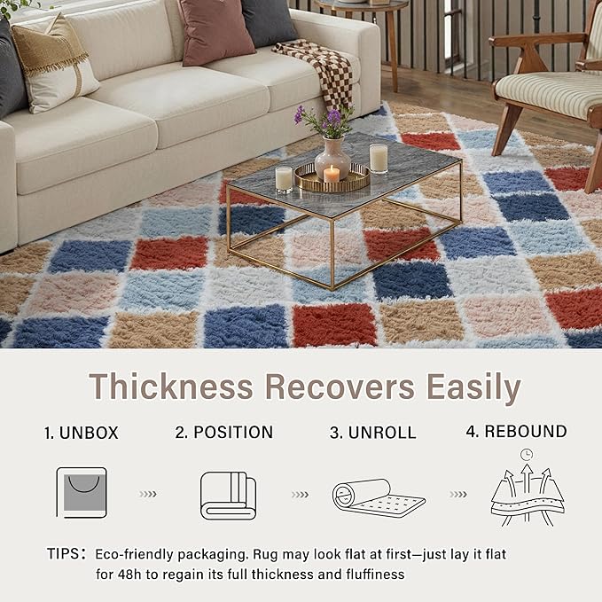 5x7 Checkered Rug for Living Room Rainbow Modern Soft Area Rug Fluffy Non-Slip Carpet for Bedroom Playroom Home Aesthetic Decor