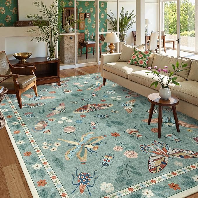 Lahome Insect 9x12 Area Rugs for Living Room Bedroom, Soft Washable Rugs 9x12 Stain Resistant, Ultra-Thin Non-Slip Non-Shedding Accent Carpet for Dining Room Office, Green