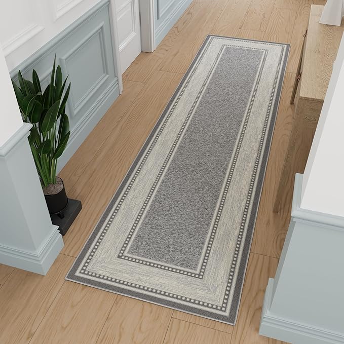 Ottomanson Hallway Runner Rug 2'7" x 9'6" Non Slip Border Area Rugs Easy to Clean Laundry Rug Runner Durable & Pet Friendly Floor Carpet Runners for Hallways Entryway Living Room Kitchen, Light Gray