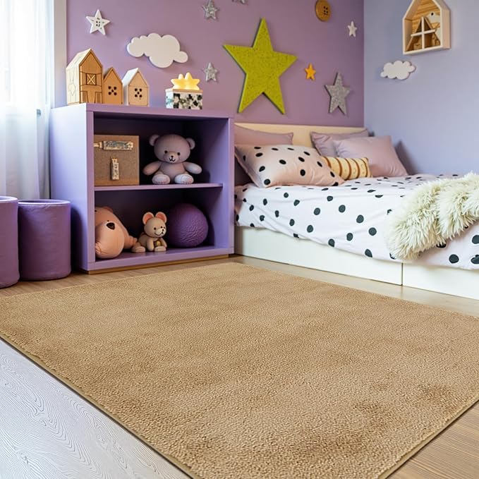 jinchan Solid Plush Area Rug 4x6 Performance Shaggy Washable Rug Indoor Soft Modern Faux Wool Cozy Non Slip Carpet for Living Room Kids Room Bedroom Dining Room Nursery Tan