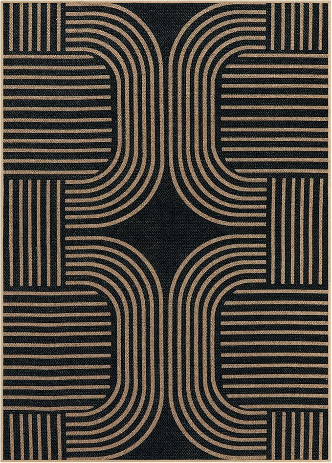 Lahome Modern Geometric Outdoor Easy Jute Rug, 5x7 Patio Living Room Rug Large Black Carpet for Bedroom, Farmhouse Washable Indoor Outdoor Carpet for Dining Room Backyard Deck
