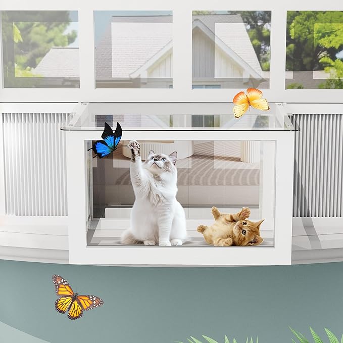 MAGIC UNION Window Catio for Indoor Cats, Cat Catio Outdoor Enclosure Window Box Perch w/Side Mosquito-Proof Wire Fits Double Hung Frames 25.4" to 43.3" Wide, Sunbathing Napping Overlooking (White)