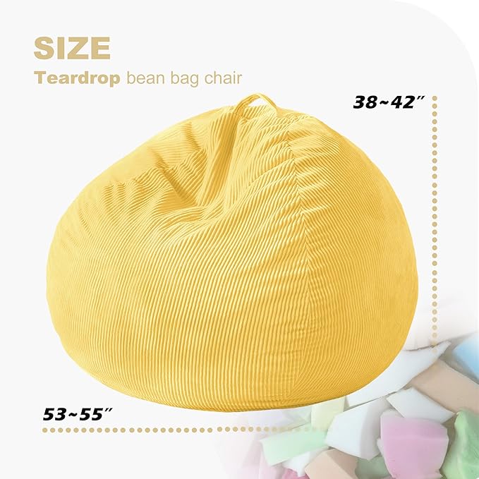 Homguava 5FT Bean Bag Chair for Adults,Teardrop Giant Bean Bags Big Beanbag Chair with Memory Foam Filled and Ultra Soft Removable Corduroy Cover for Living Room, Bedroom (Yellow)