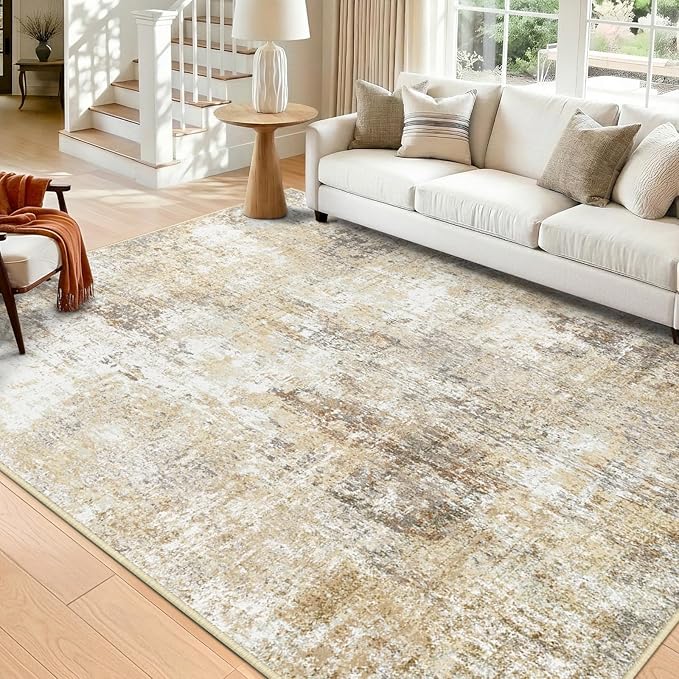 Washable Area Rugs 7'x9' Non-Slip Modern Abstract Soft for Living Room Entryway Bedroom Nursery, Print Pattern, Neutral Brown Gray