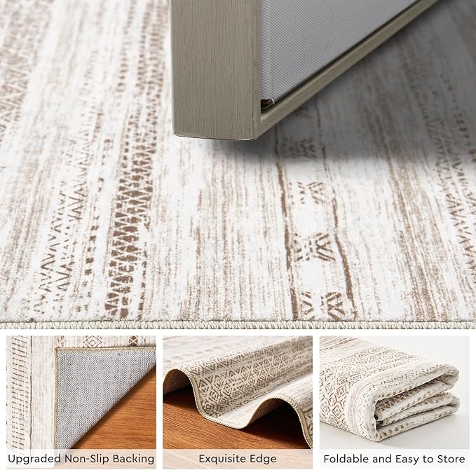 Small Area Rug-2x3 Entryway Rug Non Slip Washable Low Pile Indoor Door Mat Neutral Distressed Boho Moroccan Entrance Rugs Carpet for Bedroom Kitchen Powder Room Front Porch Bathroom, Brown