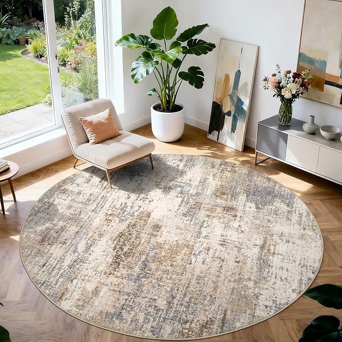 Area Rug Living Room Washable Rugs: 6x6 Modern Neutral Abstract Low Pile Non Slip Floor Carpet - Large Soft Thin Stain Resistant Rug for Bedroom Dining Indoor Office Home, Brown Grey