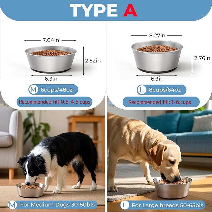 304 Stainless Steel Dog Bowls Set of 2, Anti Rust Metal & Non Slip Rubber Base, Heavy Duty Large Feeding Dishes, Food Grade BPA Free, Food and Water Bowl for Large Dogs (64oz, 8cup)