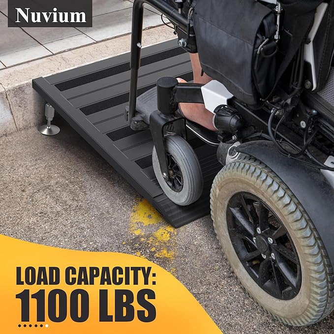 Threshold Ramp for Doorways, Adjustable Height 2.6"-6" Aluminum Wheelchair Ramp with Heightening Screws and Swivel Angle Leg, 1100lbs Load Capacity, 22”x36 Curb Ramp for Trolley,Power Chairs