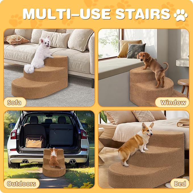 Dog Stairs for Small Dogs, Foam Steps for Small Dogs & Cats, 3 Steps Dog Ramp for High Beds, Couch, Window, Sofa, Pet Stairs with Removable Washable Cover, Non-Slip Sturdy Pet Steps, Khaki