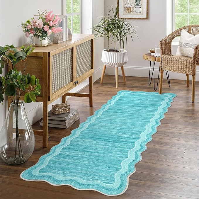 GarveeHome Washable Scalloped Rug Runner 2x6 Ultra-Soft Low Pile Hallway Rug, Non-Slip Non-Shedding Modern Carpet Runner, Washable Solid Indoor Easy Cleaning Mats for Laundry, Bedroom, Teal