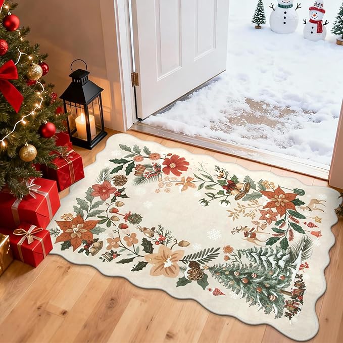 Lahome Floral Christmas Rug, 2x3 Kitchen Christmas Rugs for Entryway Ultra-Thin Washable Christmas Rugs Indoor,Soft Door Mat Indoor Entrance Holiday Carpet for Entry Bedroom, Beige/Multi