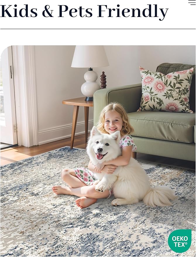 Art&Tuft Washable Rug, Anti-Slip Backing Abstract Area Rug 6x9, Stain Resistant Rugs for Living Room, Foldable Machine Washable Area Rug (TPR18-Blue, 6'x9')