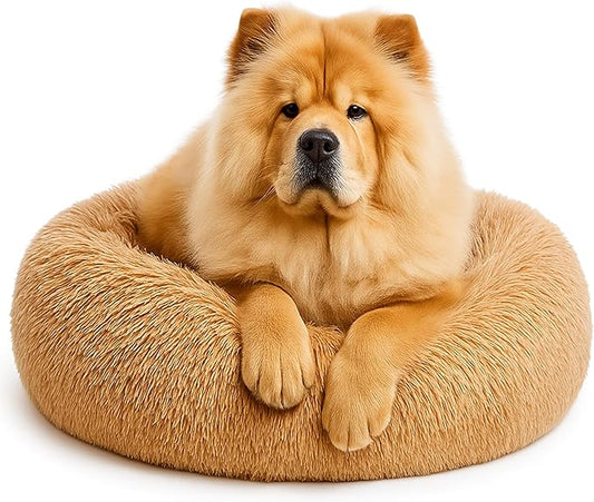 Calming Dog Bed - Fluffy Donut Cuddler for Anxiety Relief, Orthopedic Pet Bed with Non-Slip Bottom, Cozy Round Faux Fur Nest for Dogs and Cats, Plush Crate Mat for Comfort (Camel, Large)