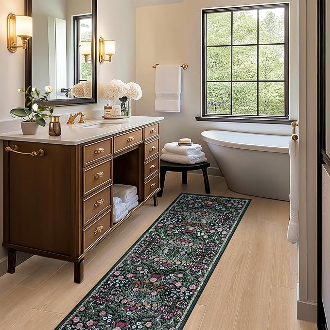 Runner Rug for Entryway: 2.6x8 Kitchen Rugs Non Slip Washable Ultra-Thin Soft Floral Carpet Indoor Floor Stain Resistant Carpets for Hallway Bedroom Kitchen Laundry Bathroom Dorm Dark Green