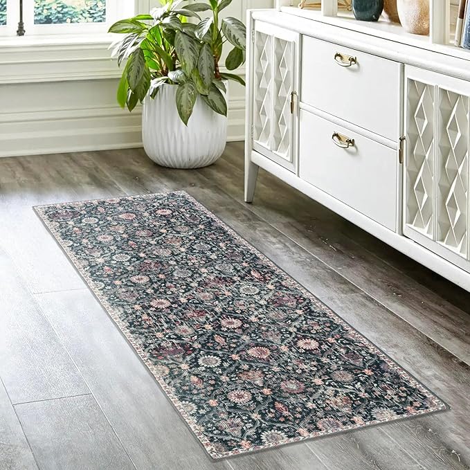 Lahome Black 2x6 Kitchen Runner Rug, Bathroom Rug Runners for hallways Non Slip Washable, Laundry Room Bedroom Long 24 x 72 Floor Carpet Runner Stain Fade Resistant,Boho Vintage Decor