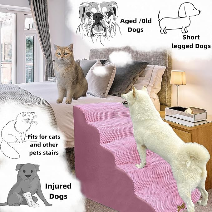 Dog Stairs & Pet Ramp for Small/Large Dogs to High Beds/Couches - 5 Steps 24-inch Height for 18-30 inch Furniture, 2 Washable Covers (Pink, Grey), Non-Slip Balanced 33D Design for Old Dogs & Cats