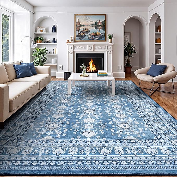 Lessymo 8x10 Area Rugs for Living Room, Machine Washable Non Slip Large Rug, Soft Low Pile Carpet for Bedroom Dining Office, Vintage Blue/White Distressed Floral Floor Decor