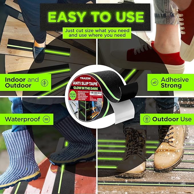 Grip Tape Glow in Dark Stripe - Heavy Duty Anti Slip Tape for Stairs Outdoor/Indoor Waterproof 4 Inch x 35 Feet Non Skid Roll Stair Steps Traction Tread Staircases Grips Adhesive Nonslip Slip Strips