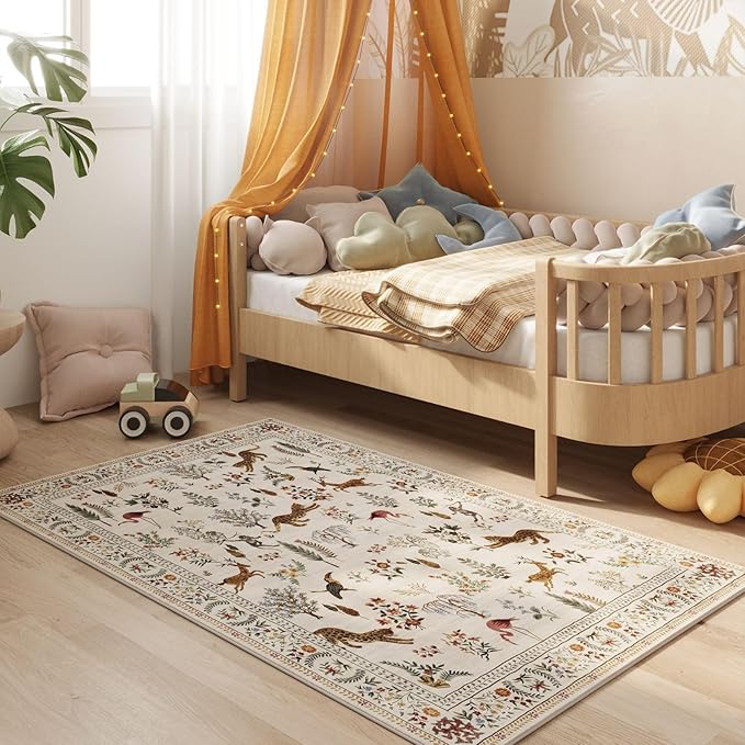 Rugcomf Bedroom Rug 3x5 Rug Washable Area Rug Non Slip Low Pile Boho Floral Animal Small Carpet for Bedroom, Bedside, Kitchen, Entryway, Kids Room, Office, College Dorm Essentials for Girls (Beige)