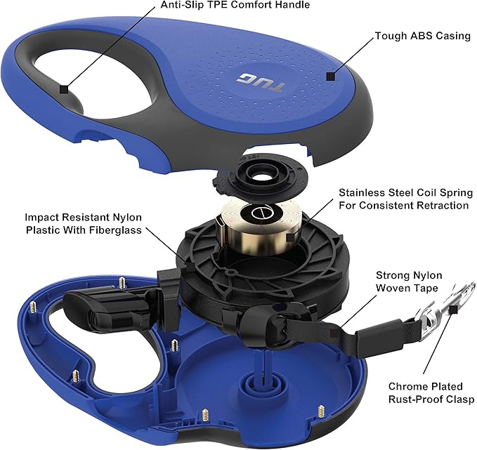 TUG 360° Tangle-Free Retractable Dog Leash with Anti-Slip Handle | 16 ft Strong Nylon Tape | One-Handed Brake, Pause, Lock (Large, Blue)