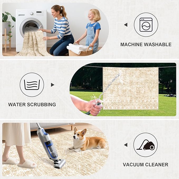 9x12 Area Rugs Living Room Rug: Washable Rug Neutral Lagre Soft Thin Carpet Indoor Floor Non Slip Boho Geometric Moroccan Carpets for Bedroom Dining Room Farmhouse Nursery Office - Beige