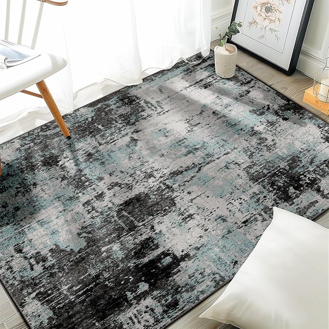 Washable Area Rugs 3'x5' Non-Slip Modern Abstract Soft for Living Room Entryway Bedroom Nursery, Print Pattern, Blue Black Teal