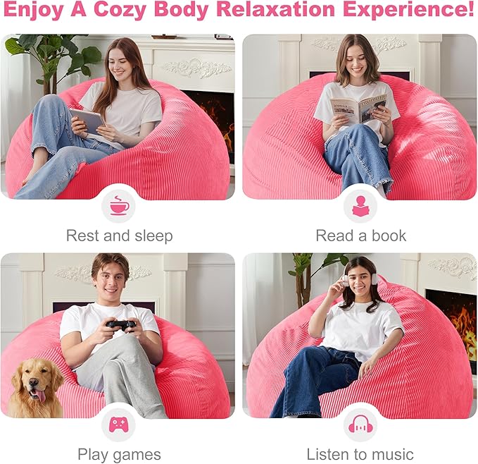 Homguava 5FT Bean Bag Chair for Adults,Teardrop Giant Bean Bags Big Beanbag Chair with Memory Foam Filled and Ultra Soft Removable Corduroy Cover for Living Room, Bedroom (Pink)