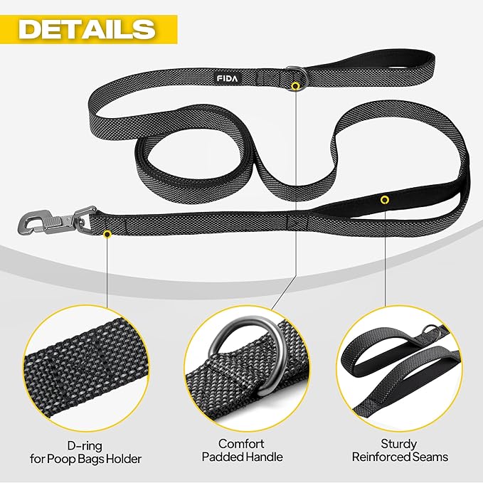 Fida 10ft Heavy Duty Dog Leash with 2 Comfortable Padded Handles, Traffic Handle & Advanced Easy Snap Hook, Reflective Walking Lead for Large, Medium & Small Breed Dogs, Black