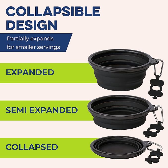 Bonza Collapsible Dog Bowls - Large 33 Oz, Dog Travel Accessories, Silicone Portable Dogs Bowl & Water Dish with Reinforced Rim & Carabiner for Hiking, Camping, and Car Trips, Navy Blue