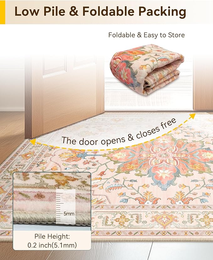 Area Rugs 2'6''x12' Runner Rug Non Slip Washable for Kitchen Hallway Bedroom Beside Laundry Room Bathroom Rug, Floor Carpet, Light Pink Colorful
