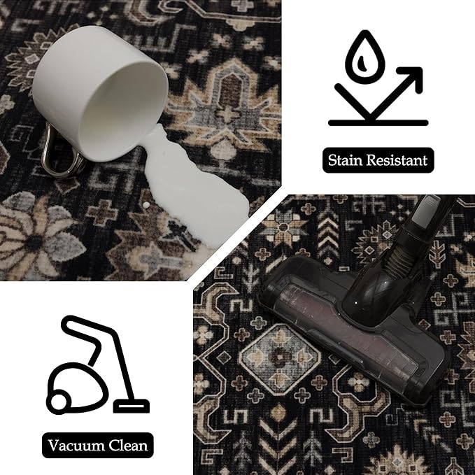 Area Rug Non Slip Machine Washable Ultra Soft Living Room/Bedroom/Kitchen/Outdoor/Classroom Black Gold, 2'×6'