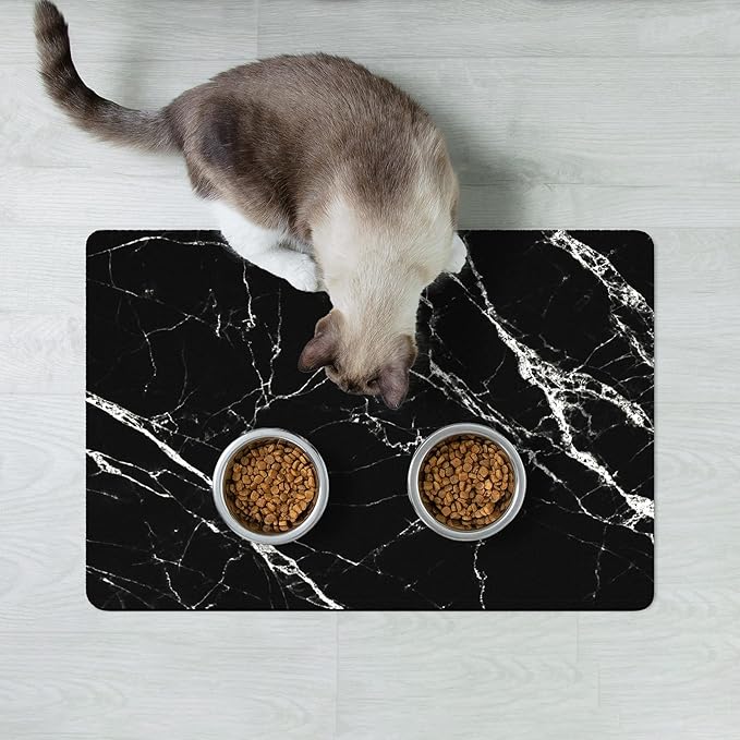 Rnivvi Dog Food Mat, 12" x 19" Marble Absorbent Dog Cat Bowl Mat for Food and Water, Cute Anti-Slip Rubber Pet Feeding Rug Protect Floors, Puppy Placemat for Feeding & Watering Supplies, Black
