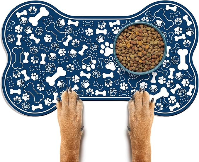 Dog & Cat Food Mat Bone Shaped Pet Feeding Mat Quick Absorb Water Bowl Placemat with Rubber Backing Indoor Floor Stain Resistant Pet Accessory Supplies (Blue, 17x29 Inches)