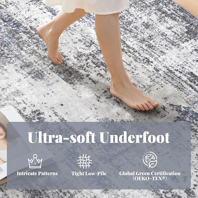 Area Rug Living Room Washable Rugs: 6x6 Modern Neutral Abstract Low Pile Non Slip Floor Carpet - Large Soft Thin Stain Resistant Rug for Bedroom Dining Indoor Office Home, Blue Grey