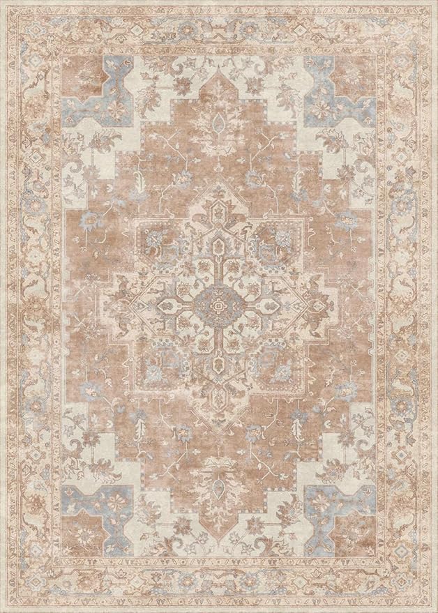 GENIMO 8x10 Area Rugs for Living Room, Machine Washable Non Slip Rugs, Low Pile Lightweight Vintage Print Rug for Bedroom, Dining Room, Home Office, Warm Orange