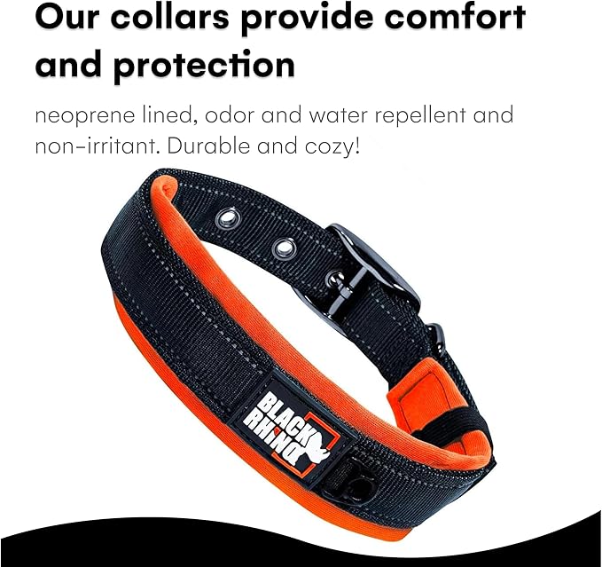 Black Rhino Extra Large Dog Collar - Adjustable Reflective Heavy Duty Dog Collars with Ultra-Soft Neoprene Padding - Weatherproof, Durable, and Comfortable - Ideal for Active Dogs - Orange and Black