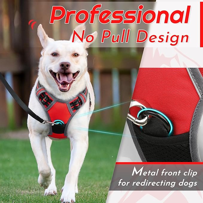 Eagloo Dog Harness for Large Dogs, No Pull Service Vest with Reflective Strips and Control Handle, Adjustable and Comfortable for Easy Walking, No Choke Pet Harness with 2 Metal Rings, Red, L