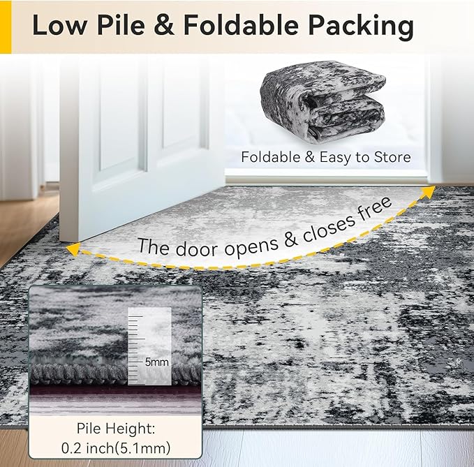 Washable Area Rugs7'x9' Non-Slip Modern Abstract Soft for Living Room Entryway Bedroom Nursery, Print Pattern, Black Navy Blue Gray