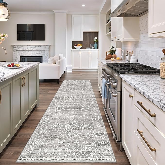 Washable 2.5'x8' Runner Rugs for Hallway, Kitchen Runner Rugs with Rubber Backing Vintage Non-Slip Soft 2'6"x8' Carpet Runner for Entryway Laundry Bedroom Farmhouse Grey