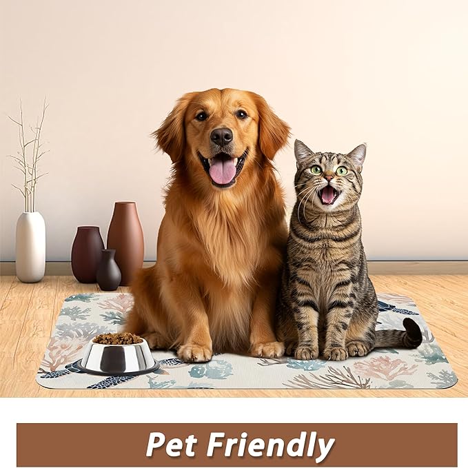 Turtle Dog Cat Food Mat,Coral Absorbent Pet Feeding Mat for Food and Water,Non-Slip Dog Bowl Mats Floor Protector 12"x20"