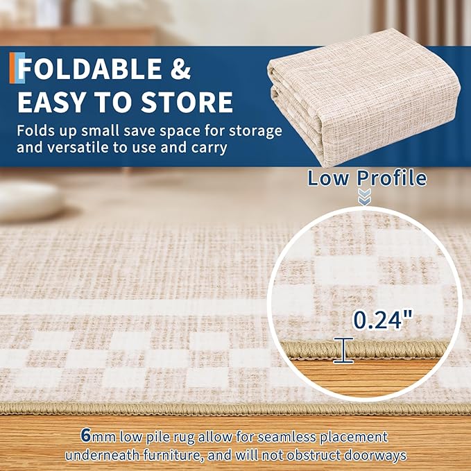 4ft Washable Round Rug for Entryway Modern Checkered Bedroom Circle Rug Non Slip Soft Dining Room Round Throw Carpet Small Stain Resistant Border Round Rugs for Living Room Kitchen Bathroom, Beige