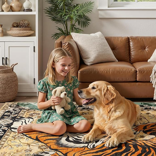 DCX Washable 8x10 Tiger Area Rug, Brown Vintage Animal Rug for Living Room, Soft Low Pile Carpet, Kid & Pet Friendly with Rubber Back Non Slip, Stain Resistant Rug for Bedroom Dining Room Office