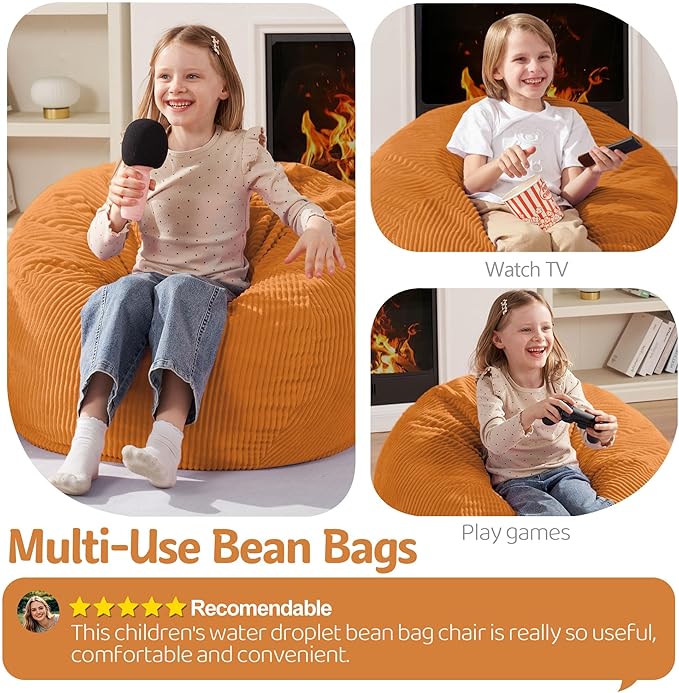 Homguava 2.5FT Bean Bag Chair,Teardrop Bean Bags Small Beanbag Chair with Memory Foam Filled and Ultra Soft Corduroy Cover for Living Room, Bedroom(Orange)